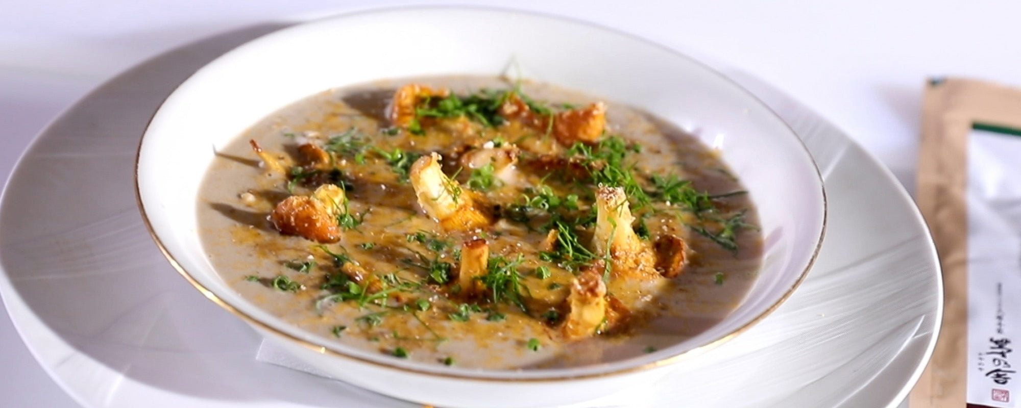 Mushroom Potage with Mimolette and Chanterelle Mushrooms