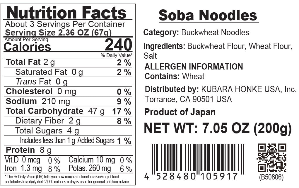 Nutrition label for Soba Noodles with details on ingredients, allergen information, and distribution.