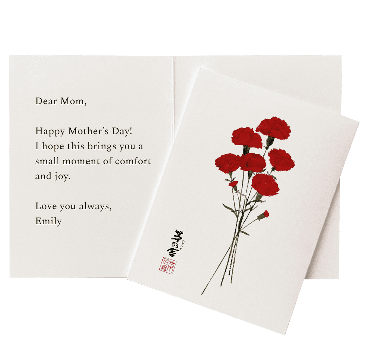 A Mother’s Day card featuring a bouquet of red carnations on the cover and an open message inside that reads: “Dear Mom, Happy Mother’s Day! I hope this brings you a small moment of comfort and joy. Love you always, Emily.”.