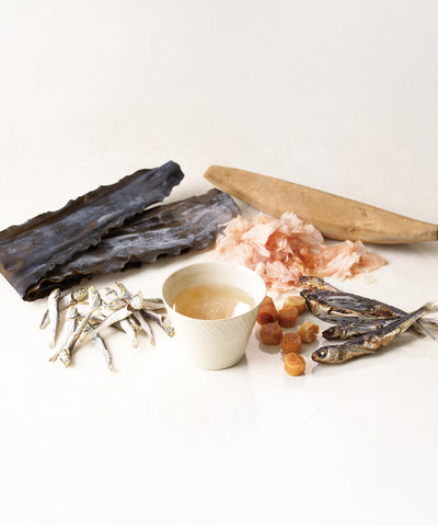 A umami-rich soup layered with five ingredients, including roasted flying fish and dried skipjack tuna flakes.