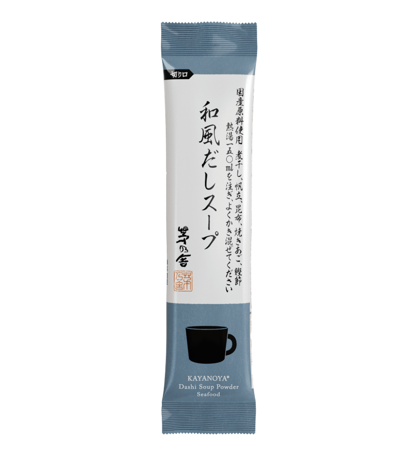 A single stick pack of Kayanoya USA - Kubara Honke USA, Inc.'s Dashi Soup Powder - Seafood (10 sticks) features Japanese text and a black cup illustration, highlighting savory roasted flying fish and skipjack tuna flavors.