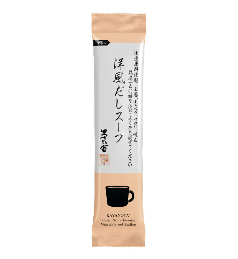 A single stick packet of Kayanoya USA Dashi Soup Powder - Vegetable and Scallop (10 sticks) by Kubara Honke USA, Inc. features Japanese text and a black cup illustration, highlighting the traditional scallop umami flavor on a plain white background.