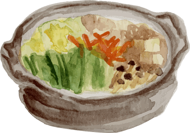 A watercolor illustration of a bowl filled with assorted vegetables, including leafy greens, carrots, mushrooms, and tofu, arranged neatly in a brown ceramic dish.
