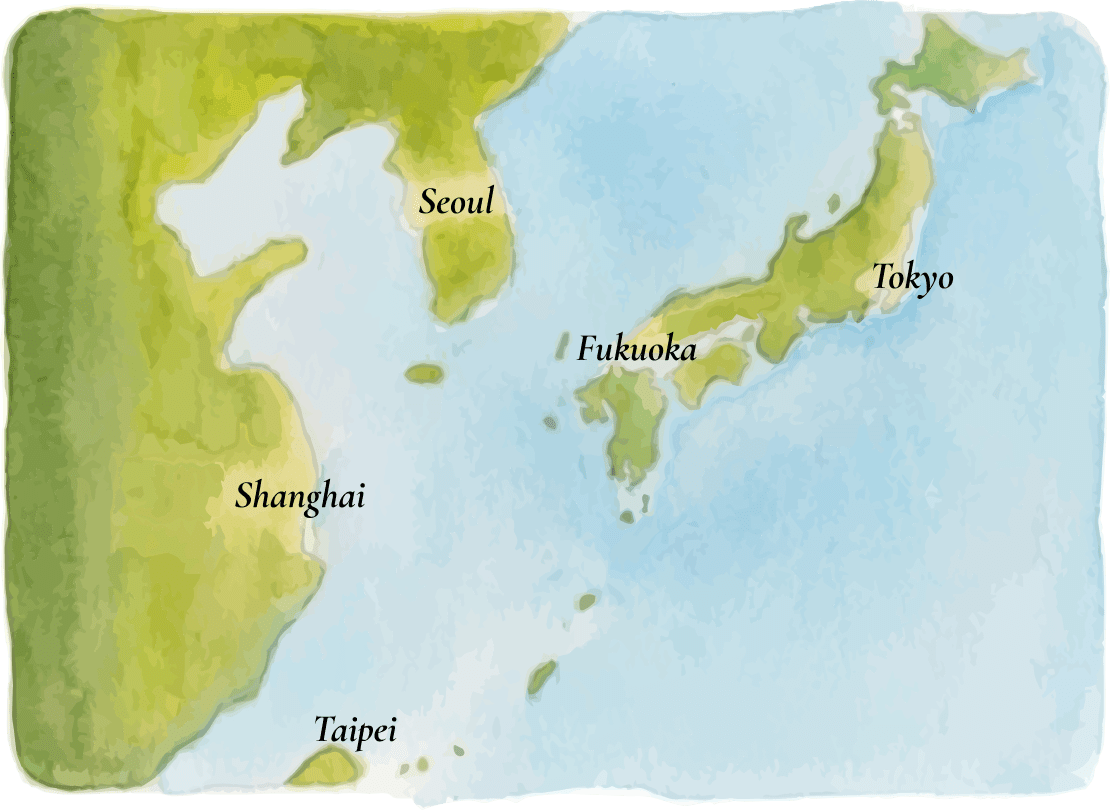 Map of East Asia with labeled cities including Seoul, Fukuoka, Tokyo, Shanghai, and Taipei.