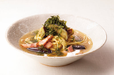 Umami Dashi Pasta with with Eggplant and Bacon