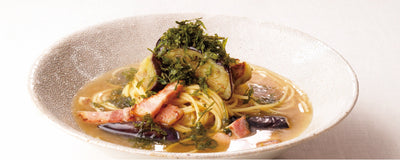 Umami Dashi Pasta with Eggplant and Bacon