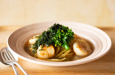 Umami Dashi Pasta with Scallop Butter and Canola Flower