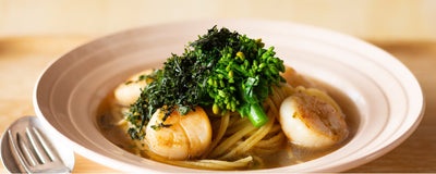 Umami Dashi Pasta with Scallop Butter and Canola Flower