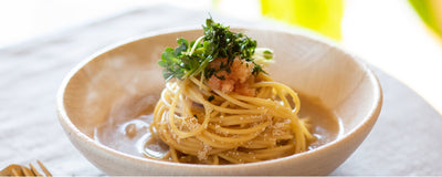 Umami Dashi Pasta with Spicy Cod Roe and Radish Sprouts