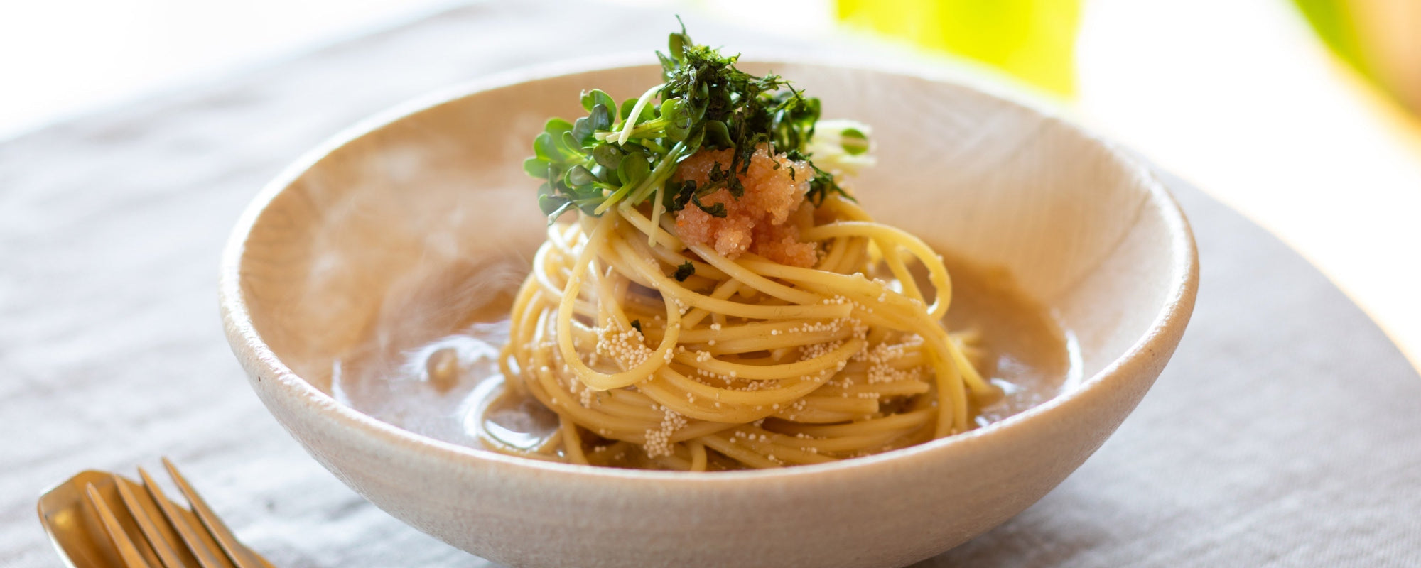 Umami Dashi Pasta with Spicy Cod Roe and Radish Sprouts - Kayanoya USA