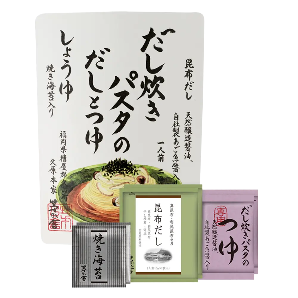 Set of Kayanoya Umami Dashi and Sauce for Pasta (Soy Sauce) with text and images on a white background