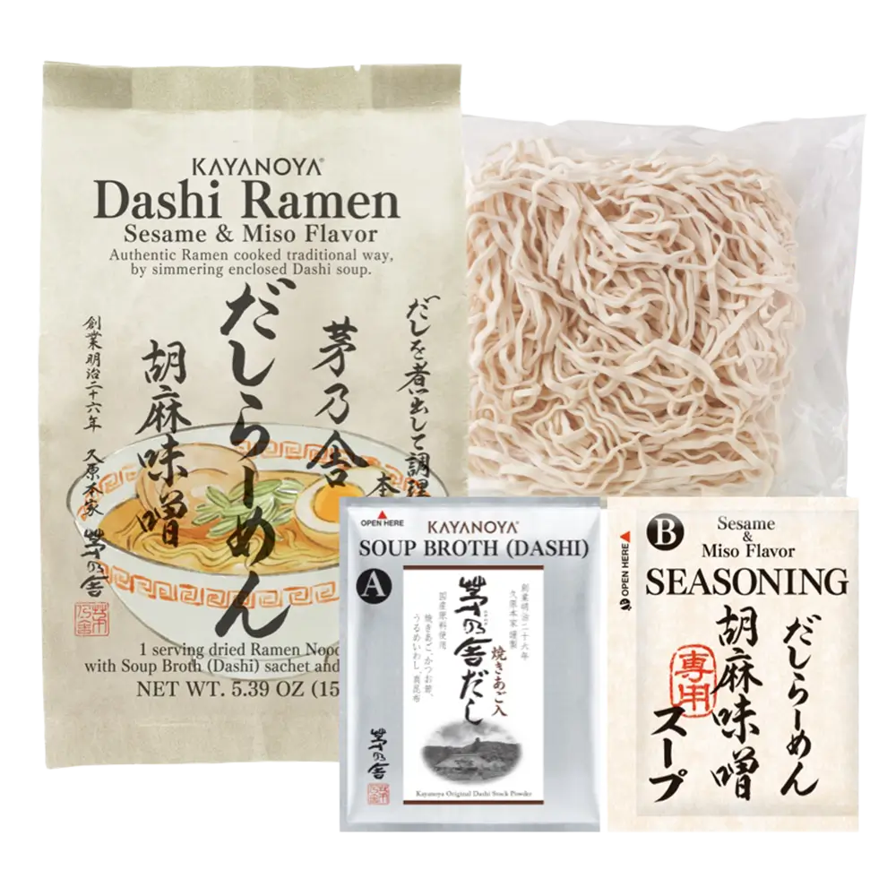Kayanoya Dashi Ramen package with noodles and seasoning on a white background