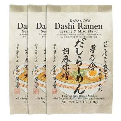 Three packages of Kayanoya Dashi Ramen Sesame & Miso Flavor on a beige background