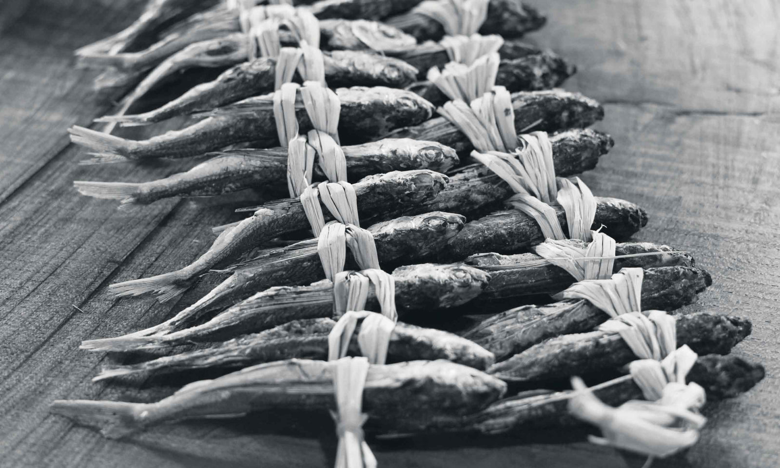 A black and white photo of several dried fish tied together in bundles with straw, laid out on a wooden surface.