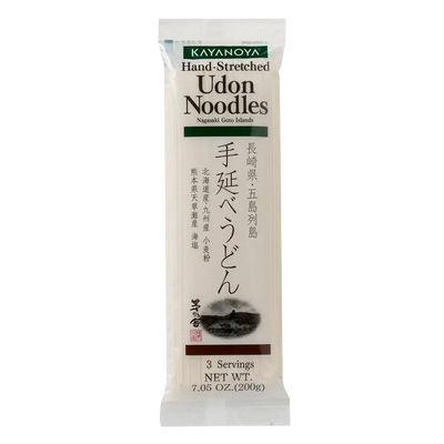 Kayanoya hand-stretched udon noodles package on a white background