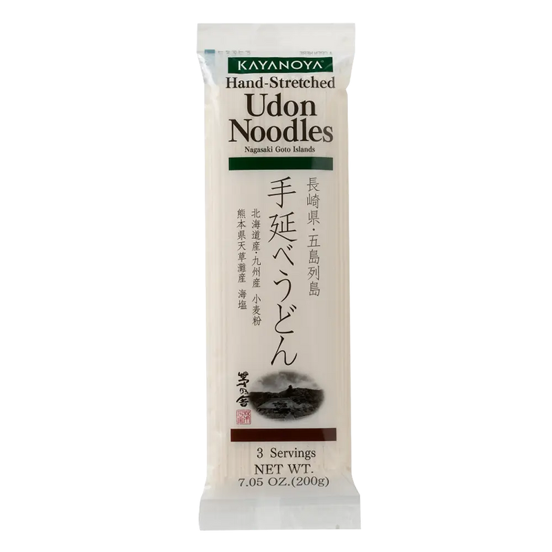 Kayanoya hand-stretched udon noodles package on a white background