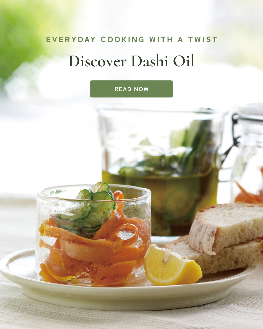 Carrot ribbons and cucumber slices marinated in homemade dashi oil, showcasing an easy way to add umami to everyday vegetables.