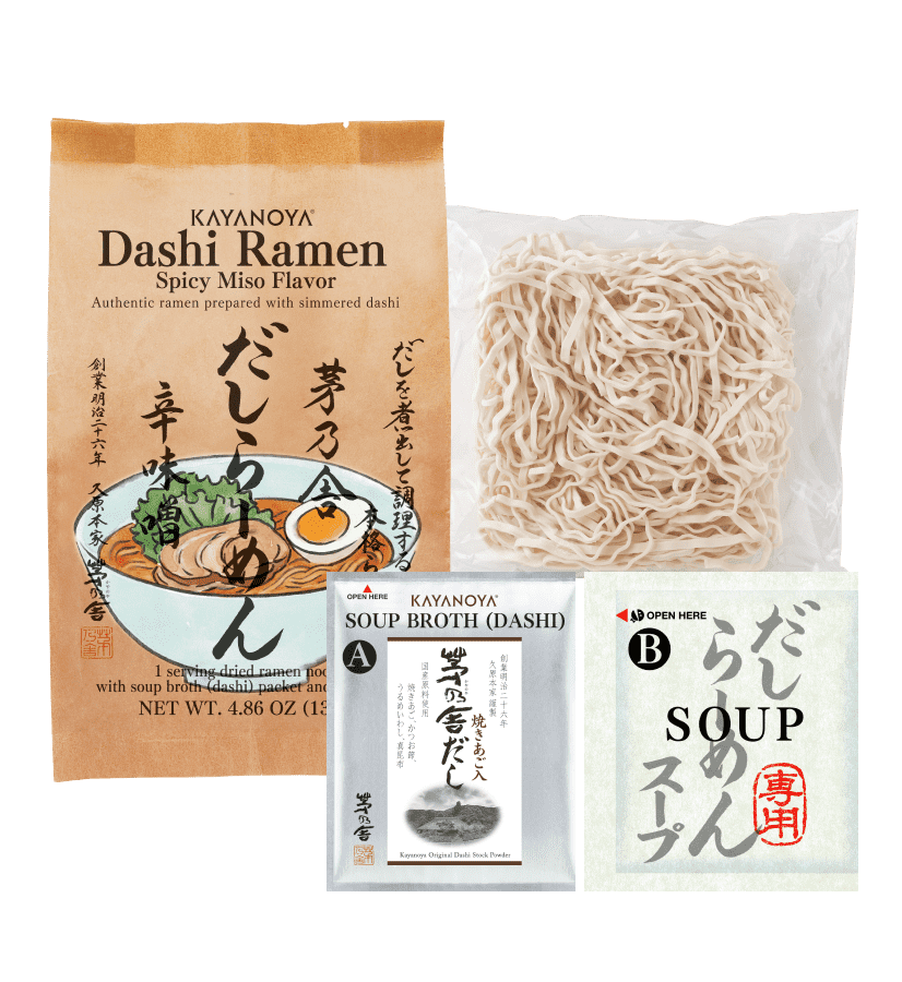 A package of Kayanoya USA Dashi Ramen - Spicy Miso includes ramen noodles in a clear wrapper, a soup broth pouch labeled “A,” and a square packet labeled “Dashi Soup” from Kubara Honke USA, Inc.