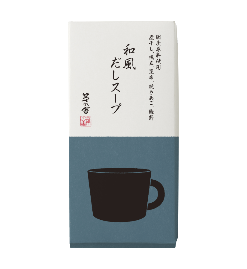 A rectangular package of Kayanoya USA's Dashi Soup Powder - Seafood (10 sticks), featuring Japanese text on white above a cup silhouette on blue, reflects the brand’s minimalistic design and authentic roasted flying fish soup flavor.