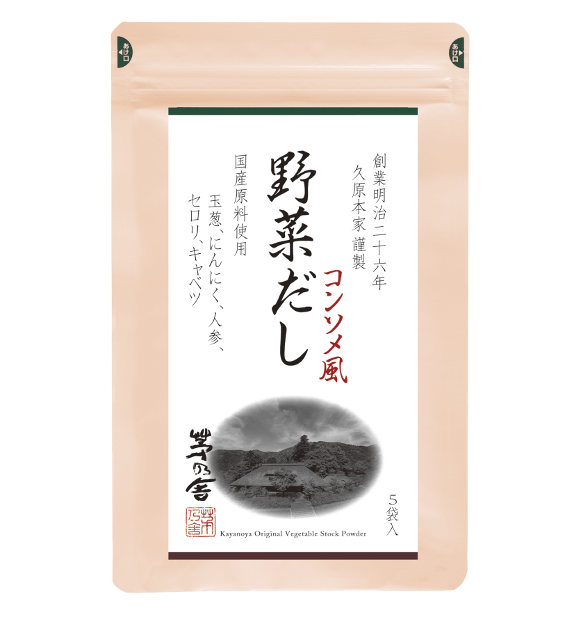 A beige pack of Kayanoya Dashi Starter Kit - Vegetable Dashi by Kayanoya USA features Japanese text, a countryside image, and a green-bordered label—ideal for miso soup beginners. Contains 5 servings.