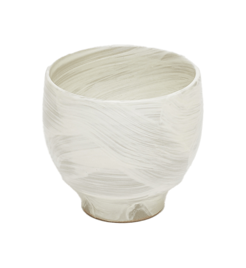 A round, marble-patterned white Porcelain Bowl by Kayanoya USA - Kubara Honke USA, Inc. features a smooth, handleless ceramic design inspired by Hasami Japan, set against a plain white background.