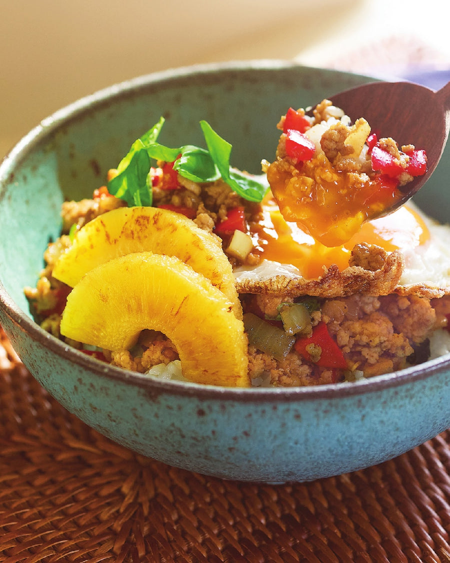 Thai-Inspired Basil Chicken Rice Bowl with Pineapple