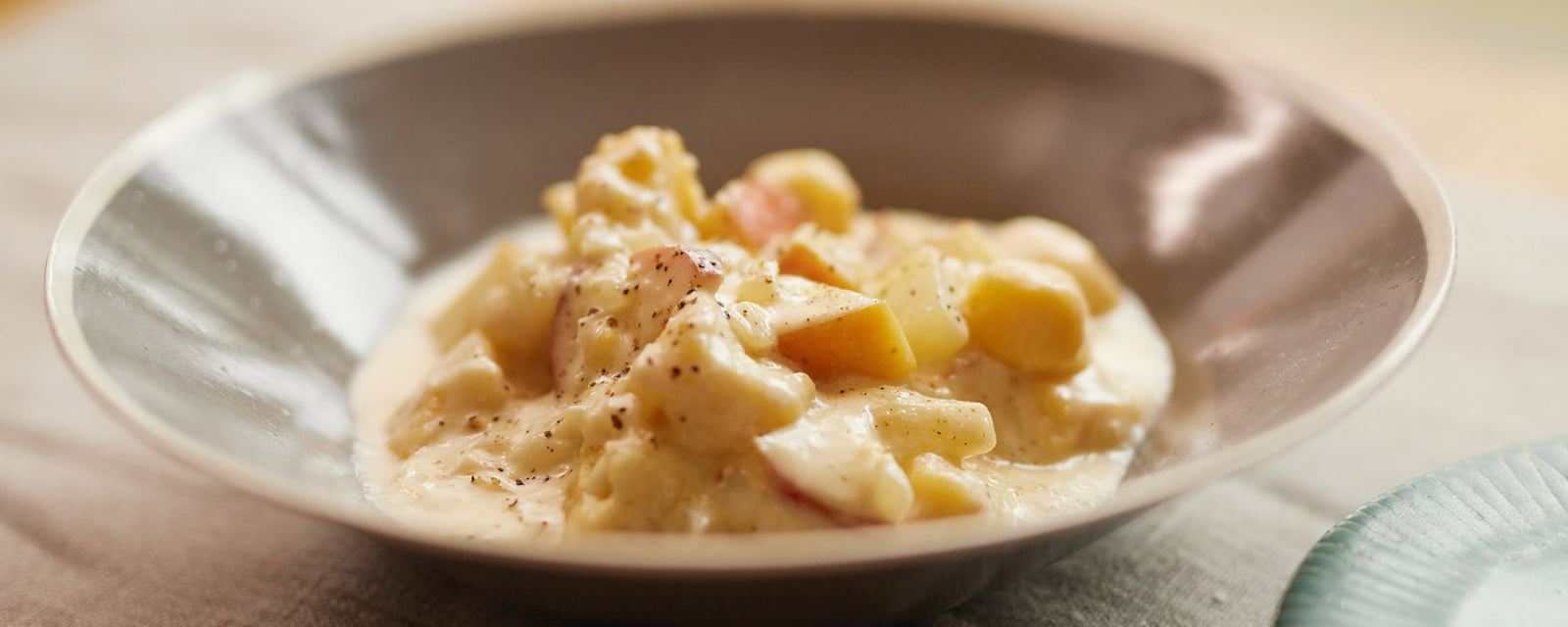Sweet Potato Gnocchi with apple in a creamy Parmesan sauce made with Kayanoya Vegetable Stock Powder.