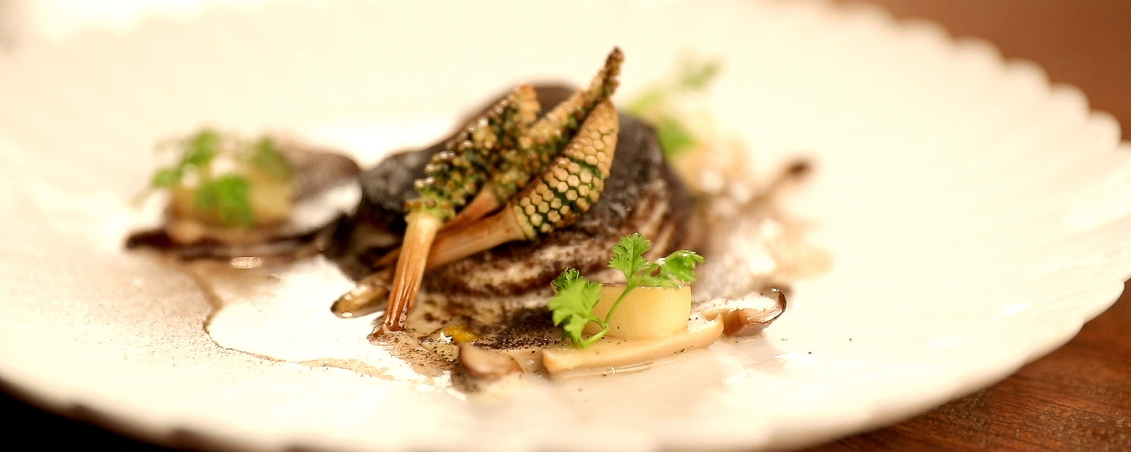 Shiitake mushroom confit served with herbs on a white plate.
