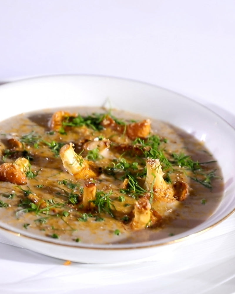 Mushroom Potage with Mimolette and Chanterelle Mushrooms