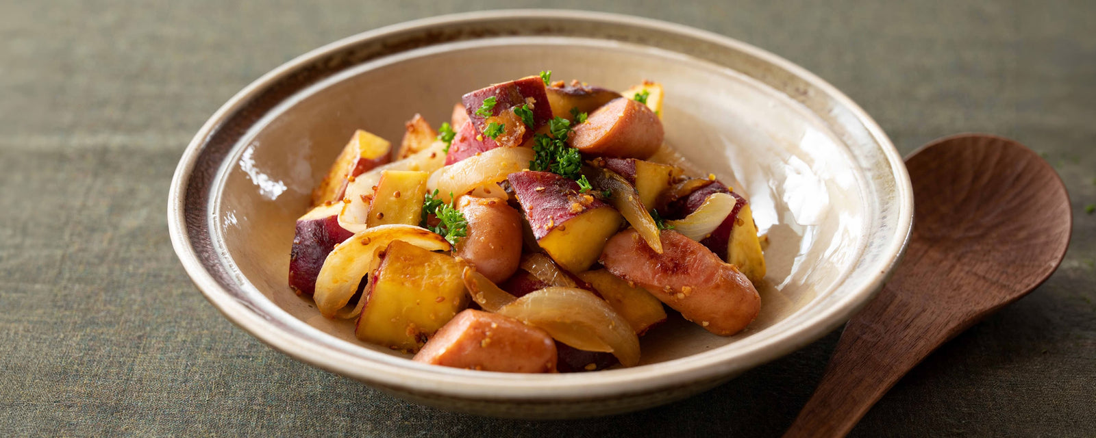 Sautéed Sweet Potatoes with Sausage, made with Kayanoya Vegetable Dashi and whole-grain mustard.
