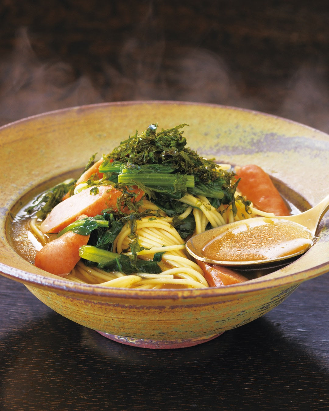 Umami Dashi Pasta with Spinach and Sausage - Kayanoya USA
