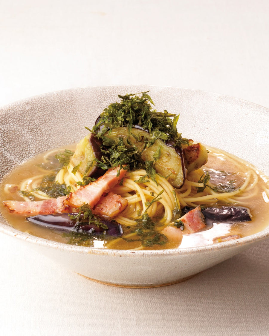 Umami Dashi Pasta with Eggplant and Bacon