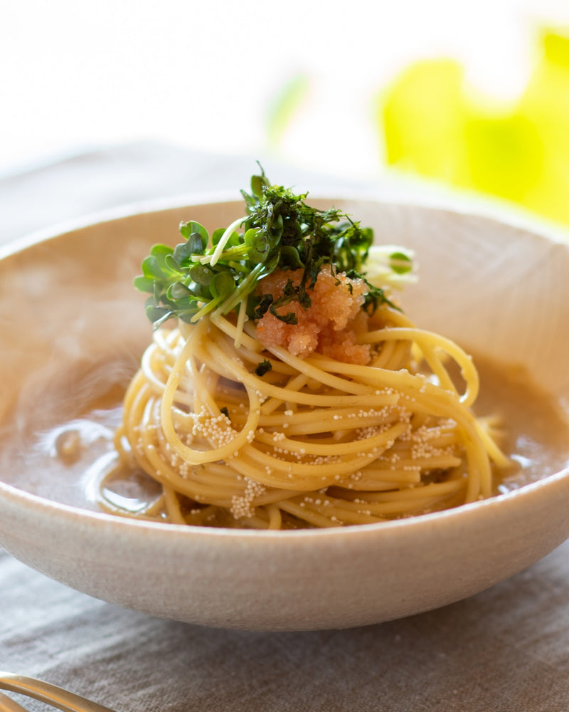 Umami Dashi Pasta with Spicy Cod Roe and Radish Sprouts