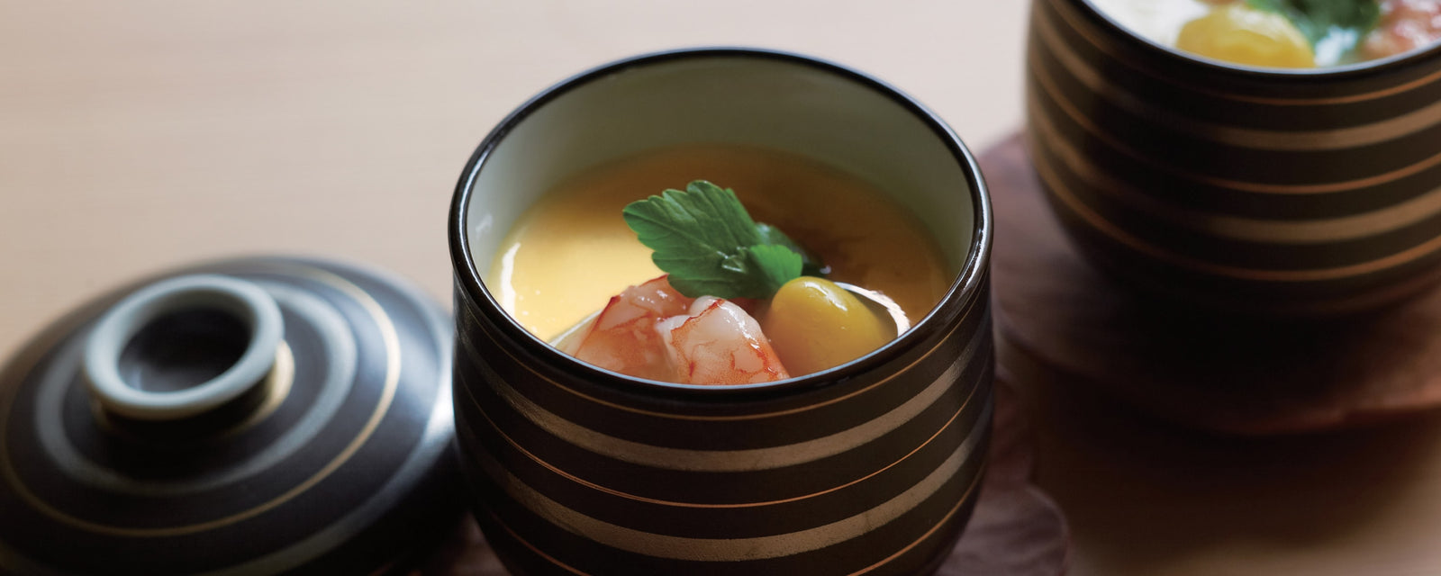 Japanese chawanmushi with shrimp and ginkgo nut in a lidded cup