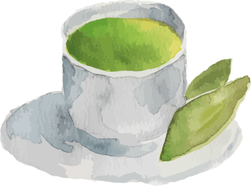 Watercolor illustration of a cup filled with green tea on a saucer, with two green tea leaves placed beside the cup.