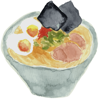 Watercolor illustration of a bowl of ramen with sliced pork, half-boiled eggs, green onions, red garnish, and two pieces of seaweed on top.
