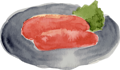 Watercolor illustration of two pieces of red fish roe on a dark plate, garnished with a small green leafy herb.