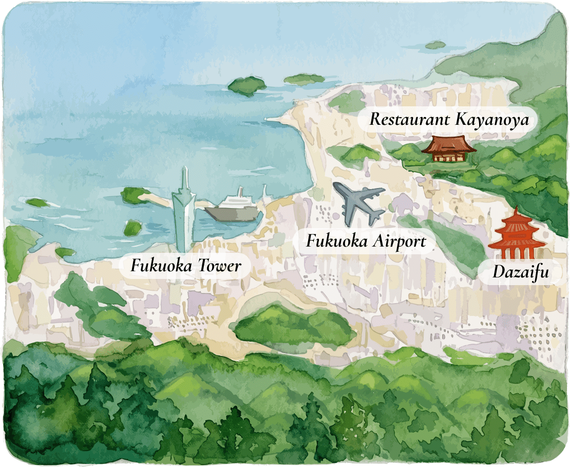 Watercolor-style map showing Fukuoka Tower by the coast, Fukuoka Airport with a plane, Restaurant Kayanoya near the sea, and a red temple labeled Dazaifu, all surrounded by trees and water.