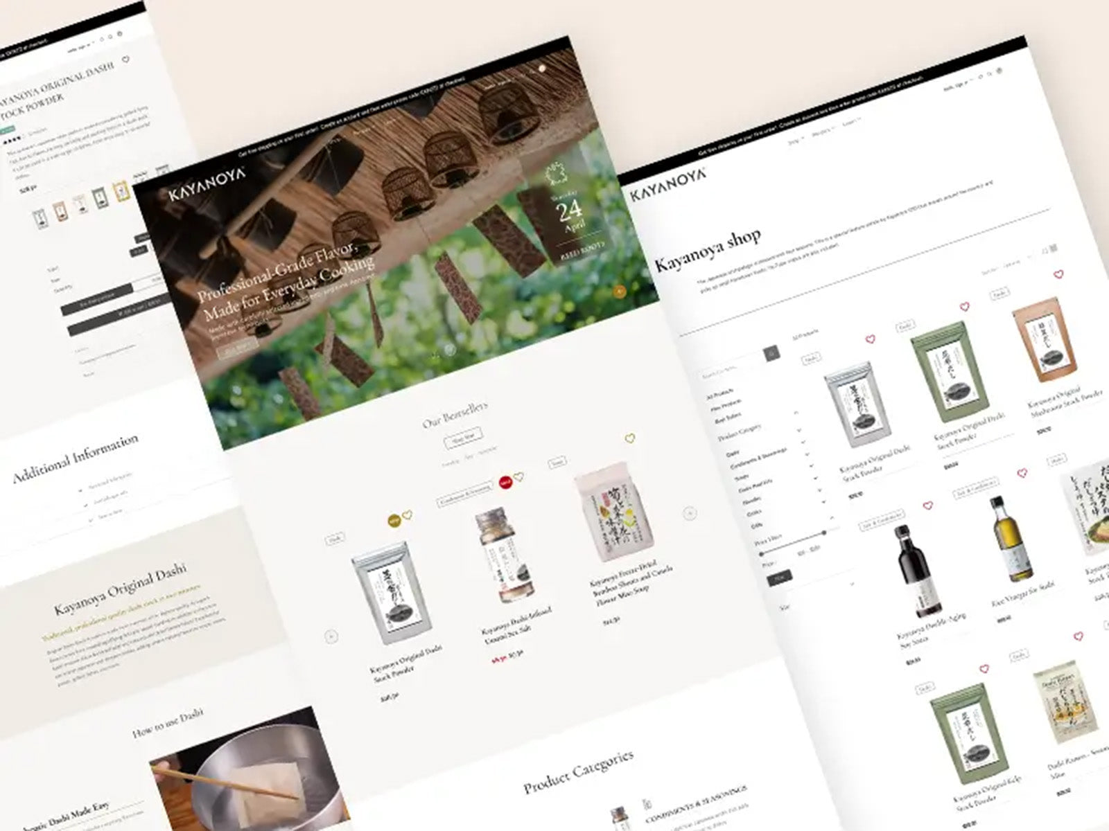 Three overlapping web page mockups feature a modern, minimal e-commerce site selling Japanese food products, including tea, packaged snacks, and bottles, with clean white backgrounds and organized product listings.