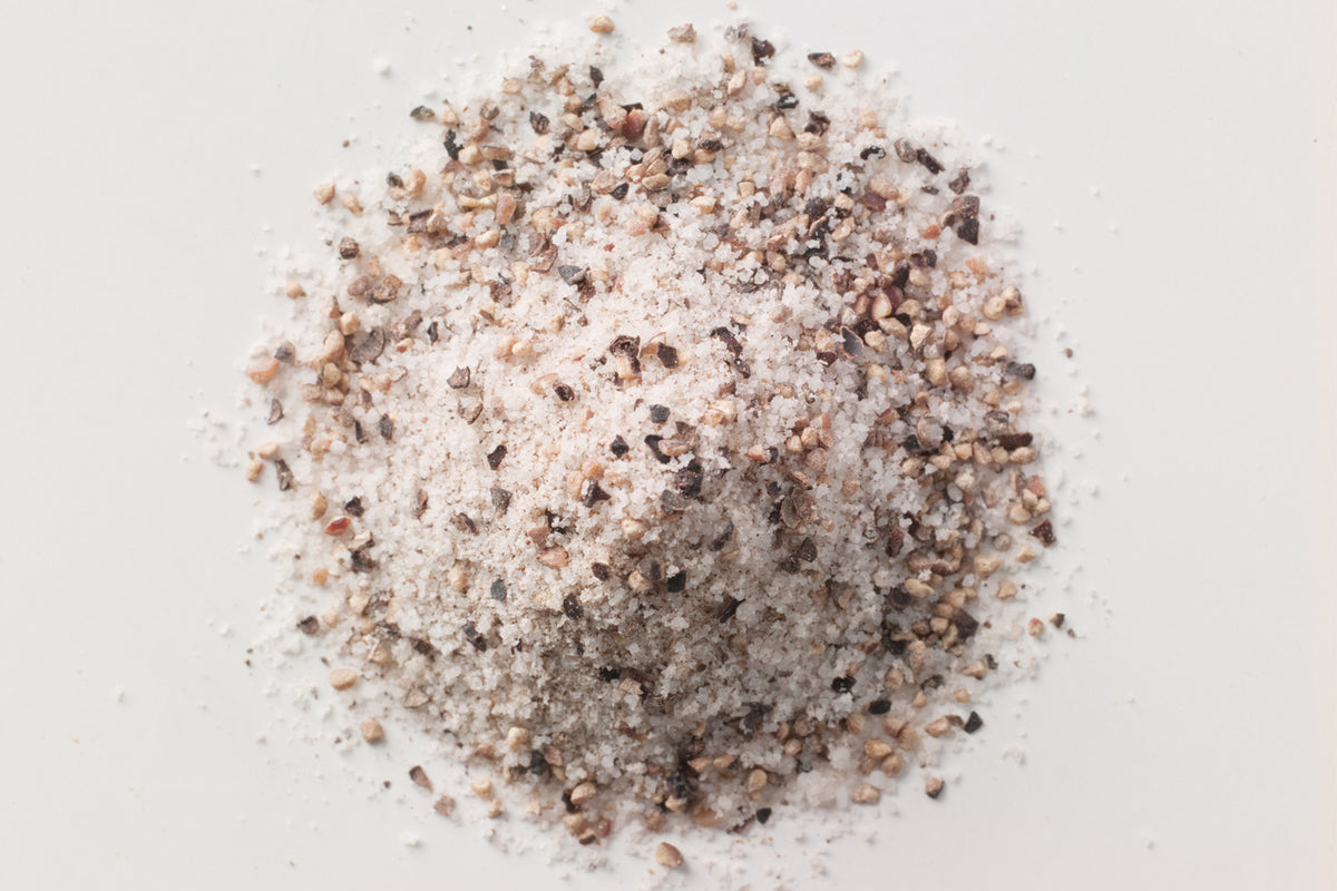 A refined seasoning salt with bold peppery character.